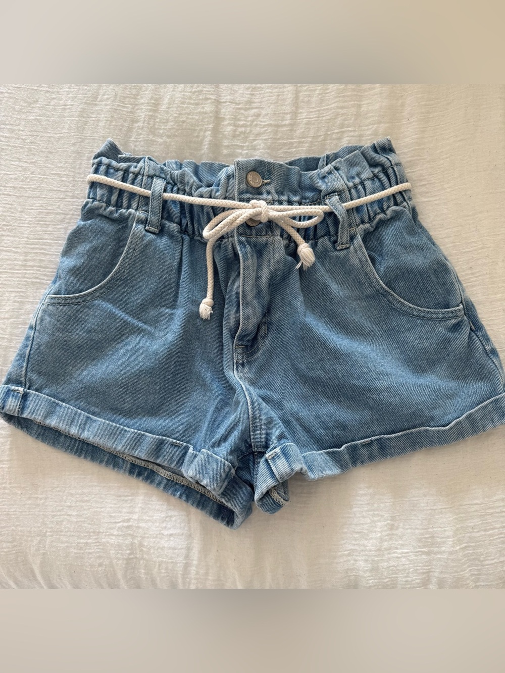PacSun Light Blue Denim Paperbag Shorts with Rope Tie